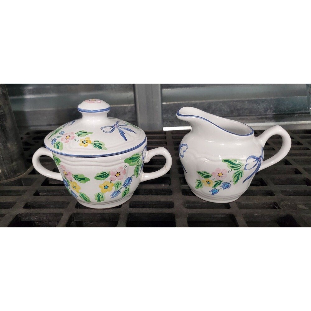 Herend Village Pottery Creamer & Covered Sugar Blue Bows Floral Hungary